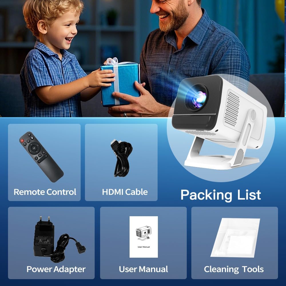 Mini Projector with WiFi 6 and Bluetooth 5.4 Built-in Apps for Bedroom Portable Projector Android 14 Smart Auto Keystone 1080P 4K Support Compatible with iOS/HDMI/TV Stick VisualCube 300 White