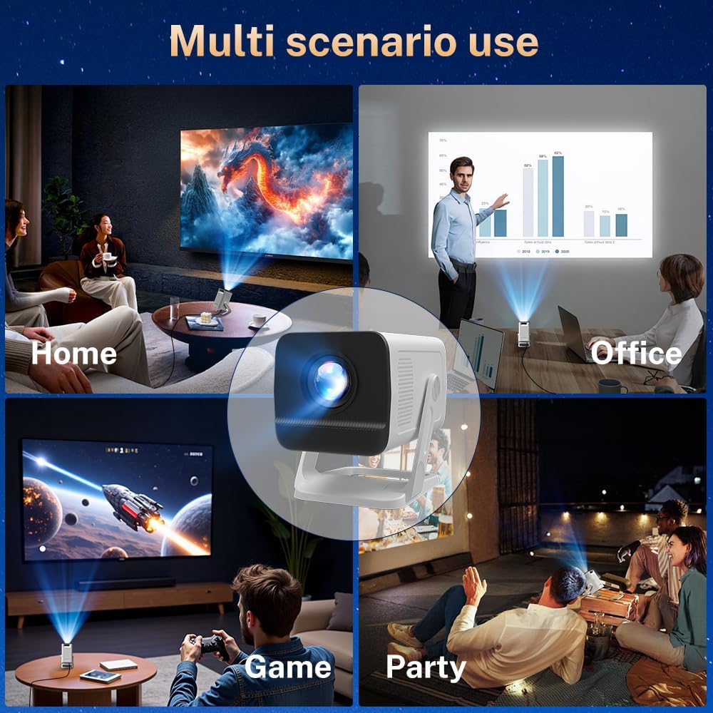 Mini Projector with WiFi 6 and Bluetooth 5.4 Built-in Apps for Bedroom Portable Projector Android 14 Smart Auto Keystone 1080P 4K Support Compatible with iOS/HDMI/TV Stick VisualCube 300 White