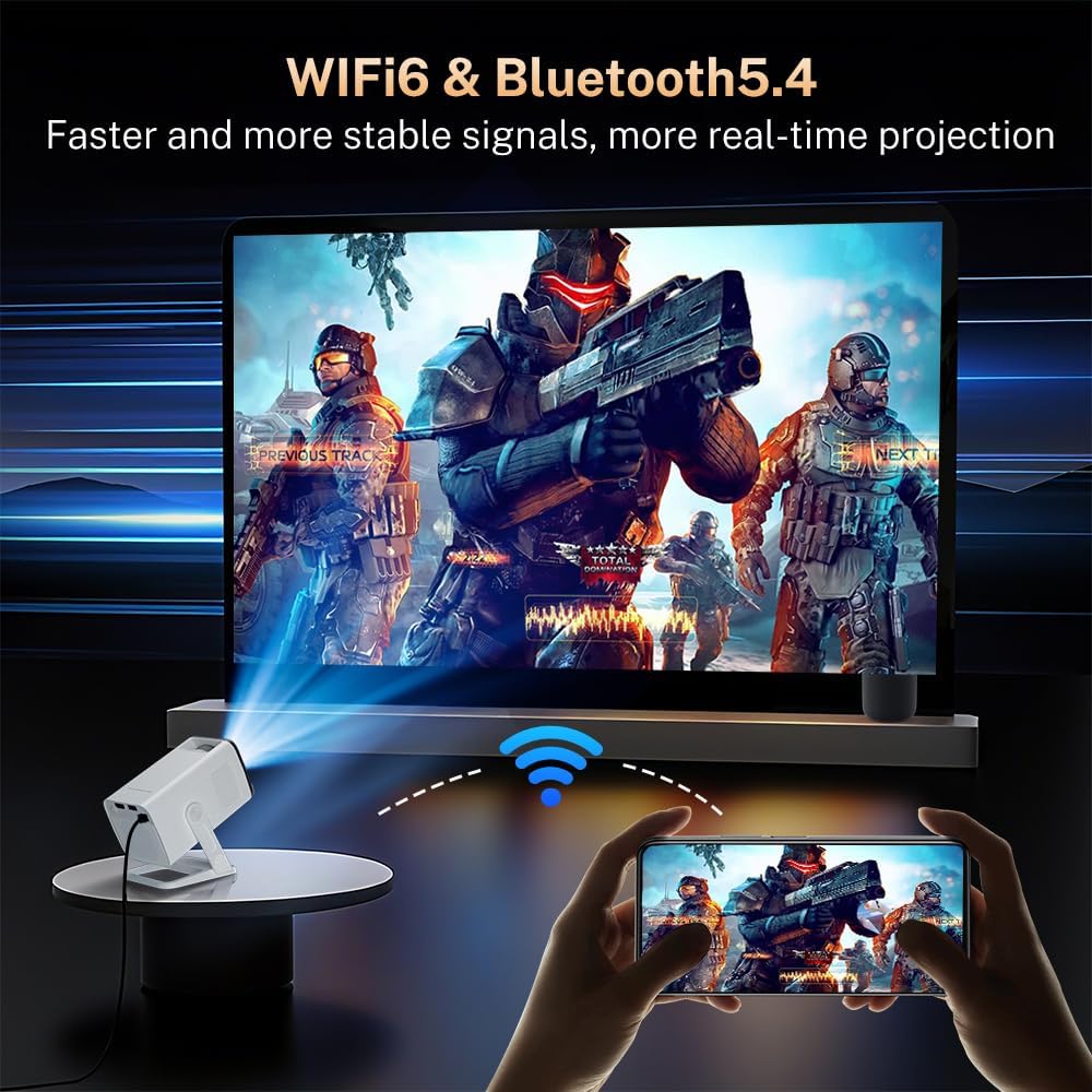 Mini Projector with WiFi 6 and Bluetooth 5.4 Built-in Apps for Bedroom Portable Projector Android 14 Smart Auto Keystone 1080P 4K Support Compatible with iOS/HDMI/TV Stick VisualCube 300 White