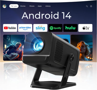 Mini Projector with WiFi 6 and Bluetooth 5.4 Built-in Apps for Bedroom Portable Projector Android 14 Smart Auto Keystone 1080P 4K Support Compatible with iOS/HDMI/TV Stick VisualCube 300 White