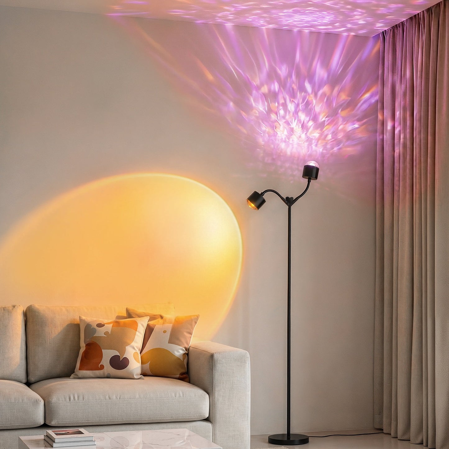 Elevate Your Space with Dual Sunset Lighting | Double-Head 360° Rotating Floor Lamp with 7 Color Modes