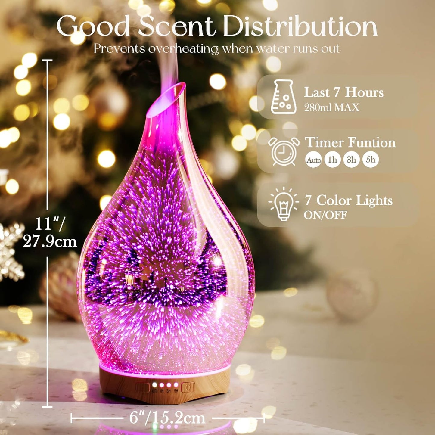 3D Glass Aromatherapy Diffuser | 280ml Ultrasonic Cool Mist Humidifier with Color-Changing Light & Auto Shut-Off