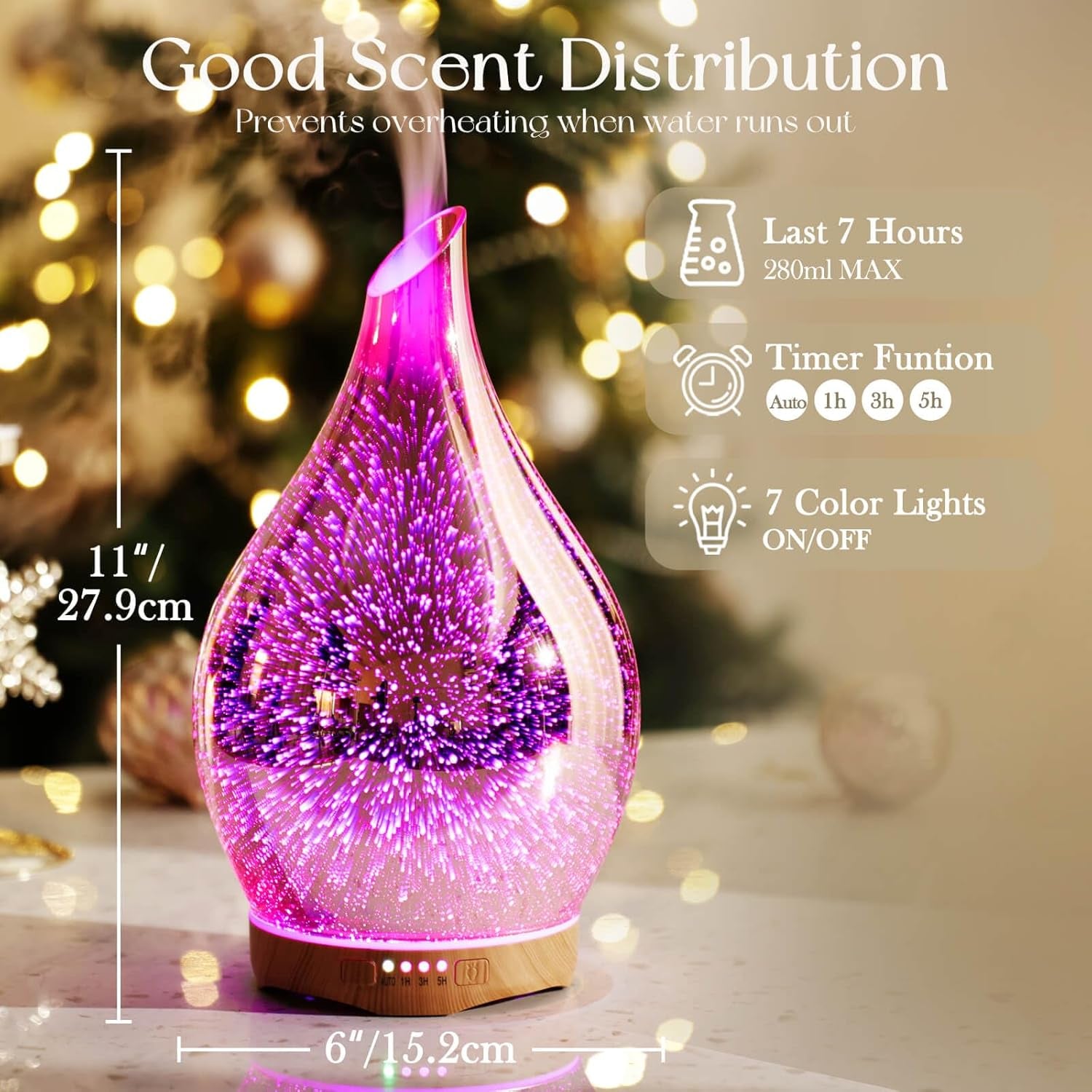 3D Glass Aromatherapy Diffuser | 280ml Ultrasonic Cool Mist Humidifier with Color-Changing Light & Auto Shut-Off