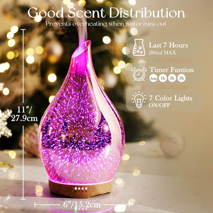3D Glass Aromatherapy Diffuser | 280ml Ultrasonic Cool Mist Humidifier with Color-Changing Light & Auto Shut-Off